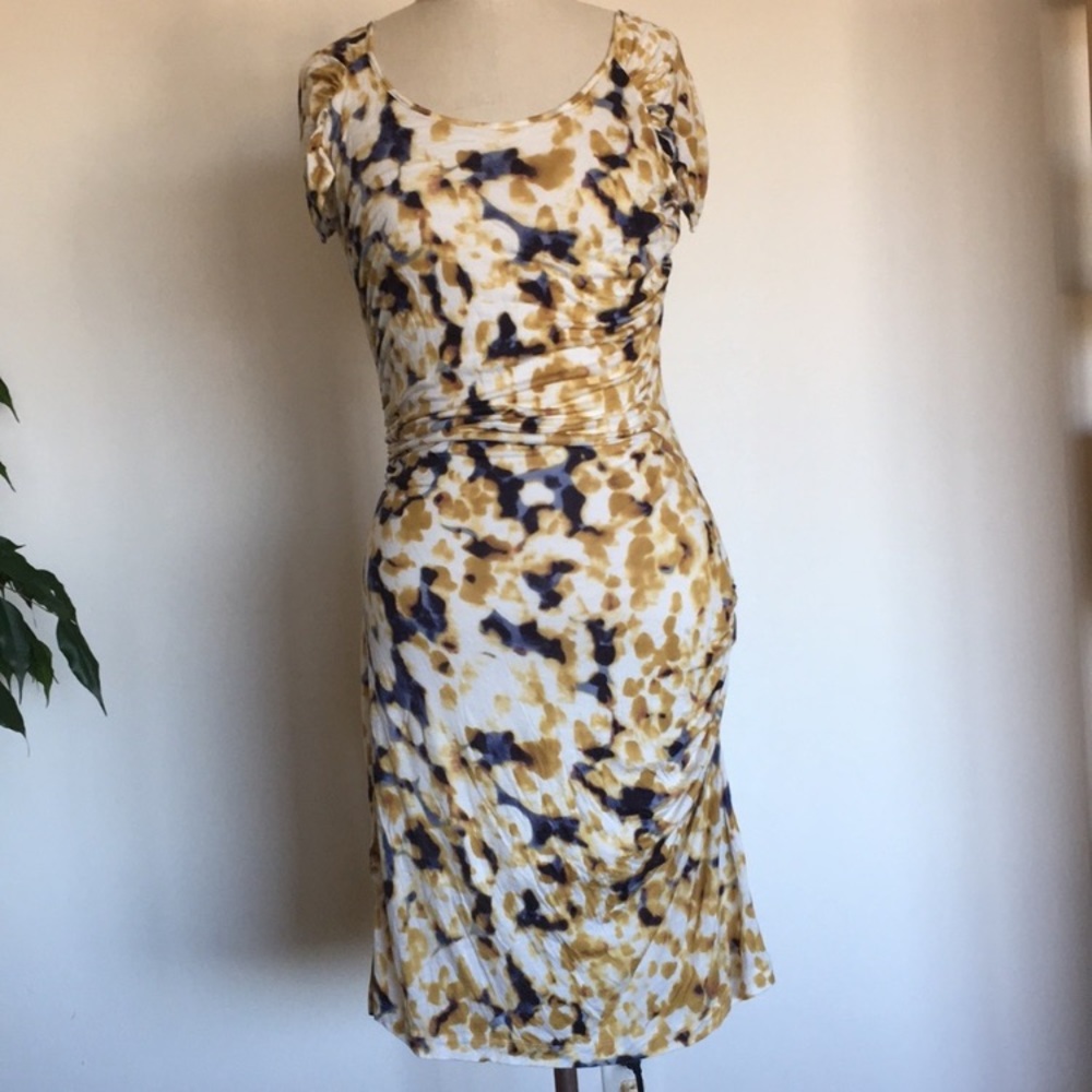 Marc New York short sleeved ruched dress, soft stretchy knit, printed, 12